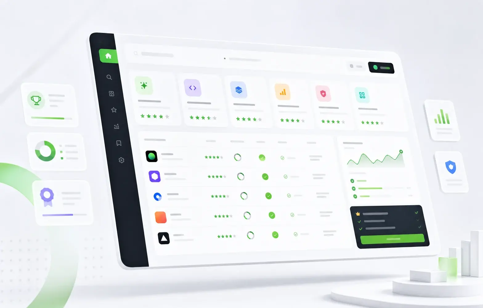 Premium SakuStack dashboard showing software rankings, category cards, scores, and comparison analytics